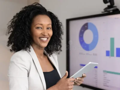 african-female-marketing-analyst-posing-camera-digital-tablet-office-portrait-smiling-business-consultant-data-383541427